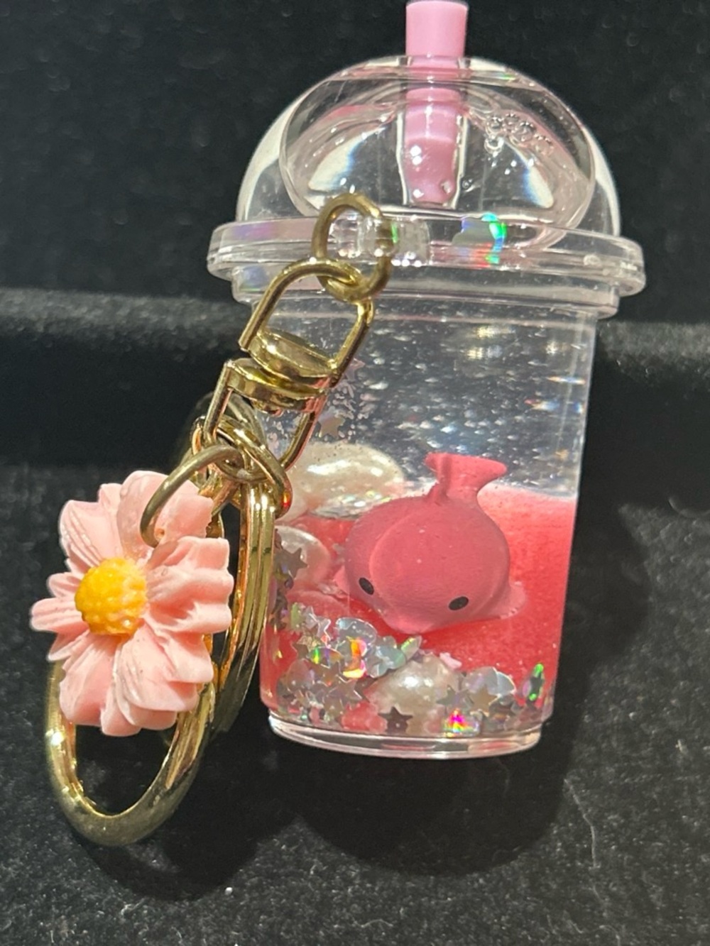 Pink Glitter Drink Keychain with Flower Charm - Kids Accessories